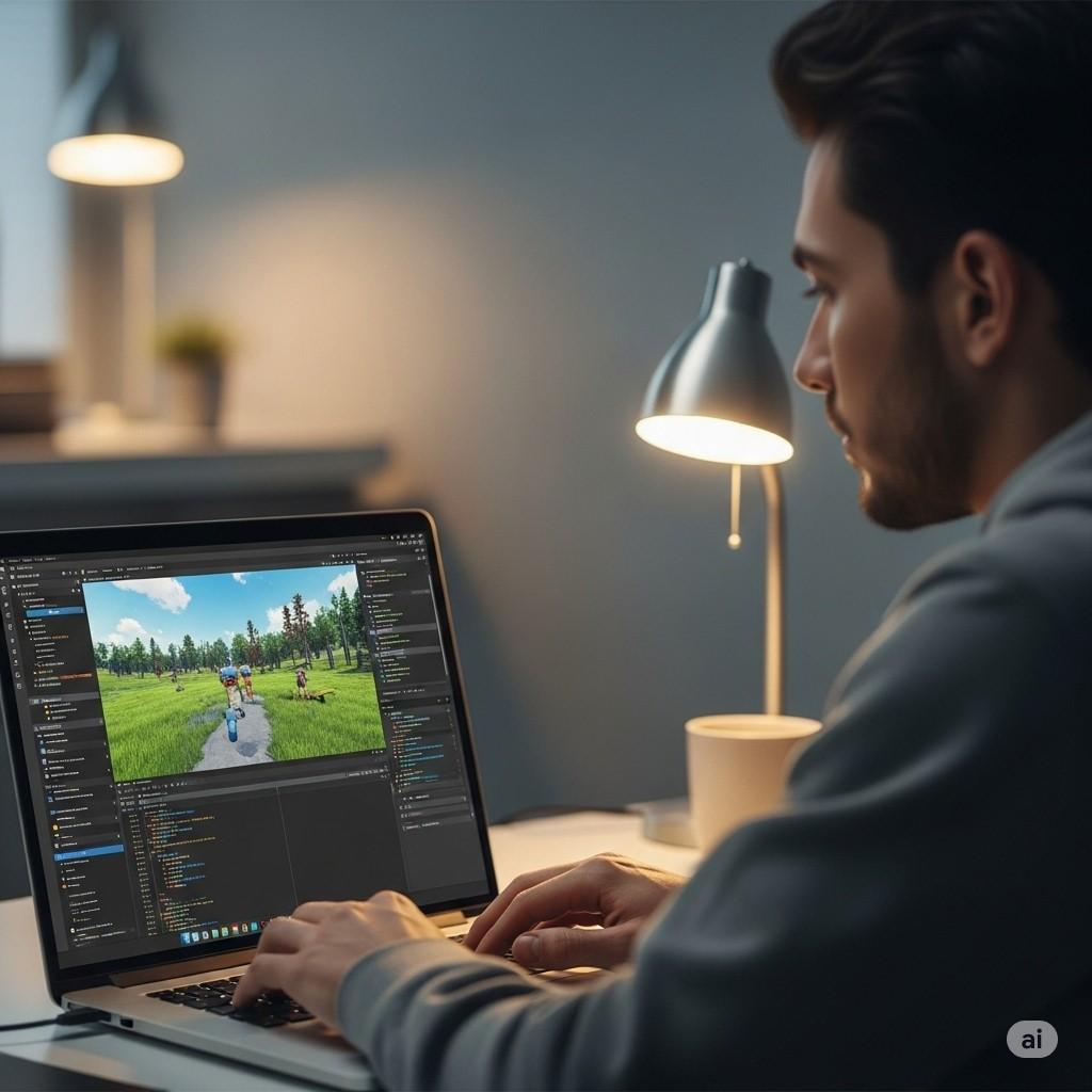 Person working on a laptop with Unity interface